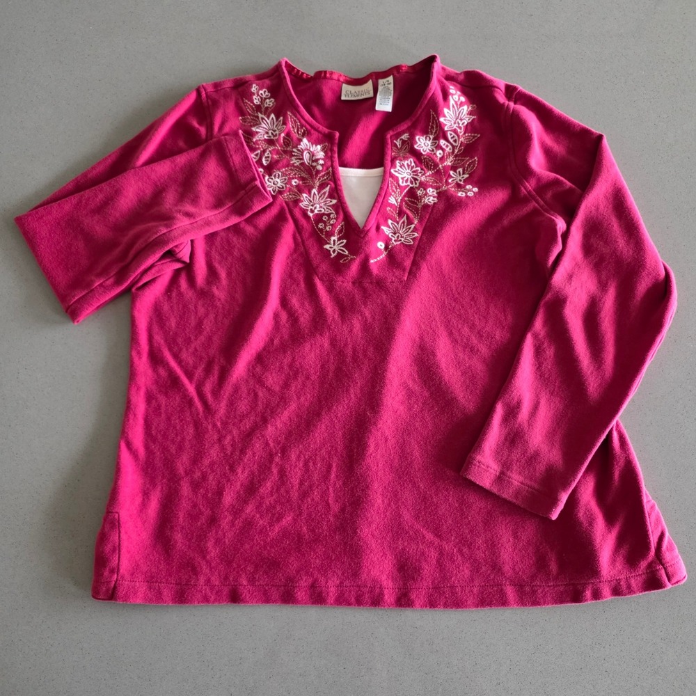 Classic Elements Pink Floral Embroidered Split V-Neck Long Sleeve Cotton Top L